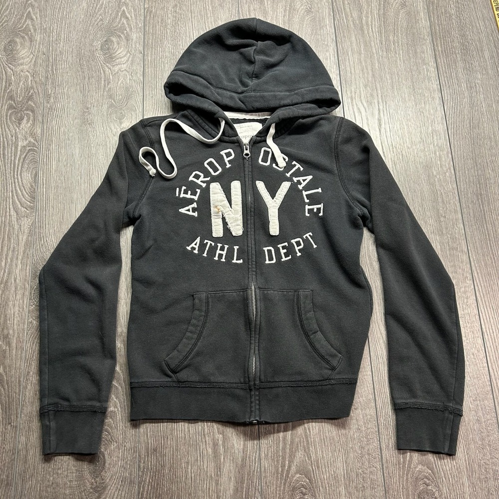 Aeropostale NY Athl Dept Full Zip Hoodie Faded Black Y2K Sweatshirt Womens M